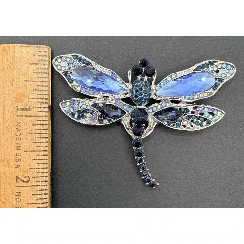 Vintage Dragonfly Bug Insect Blue Rhinestone‎ Brooch Silver Tone Sparkling